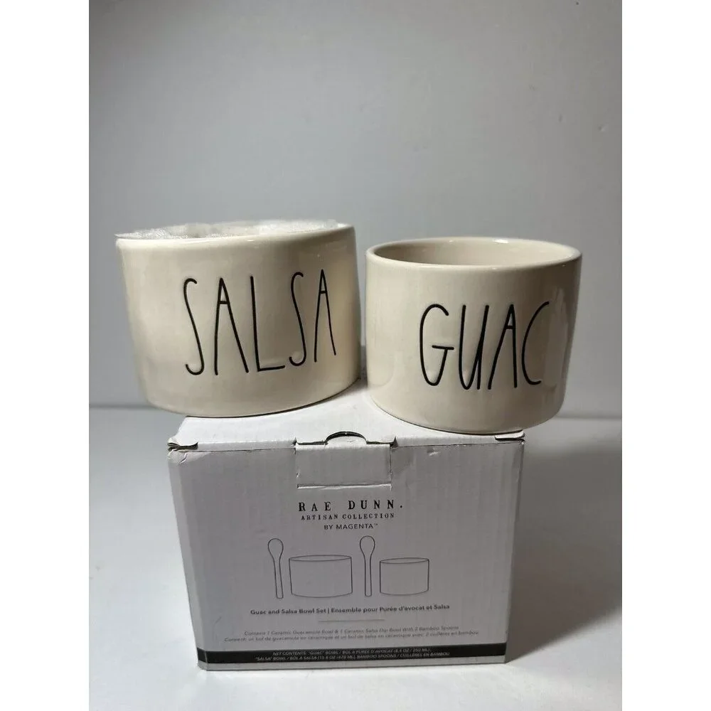 Rae Dunn Artisan Collection By Magenta Guac And Salsa Bowl Set W/ Bamboo Spoons - Picture 2 of 6